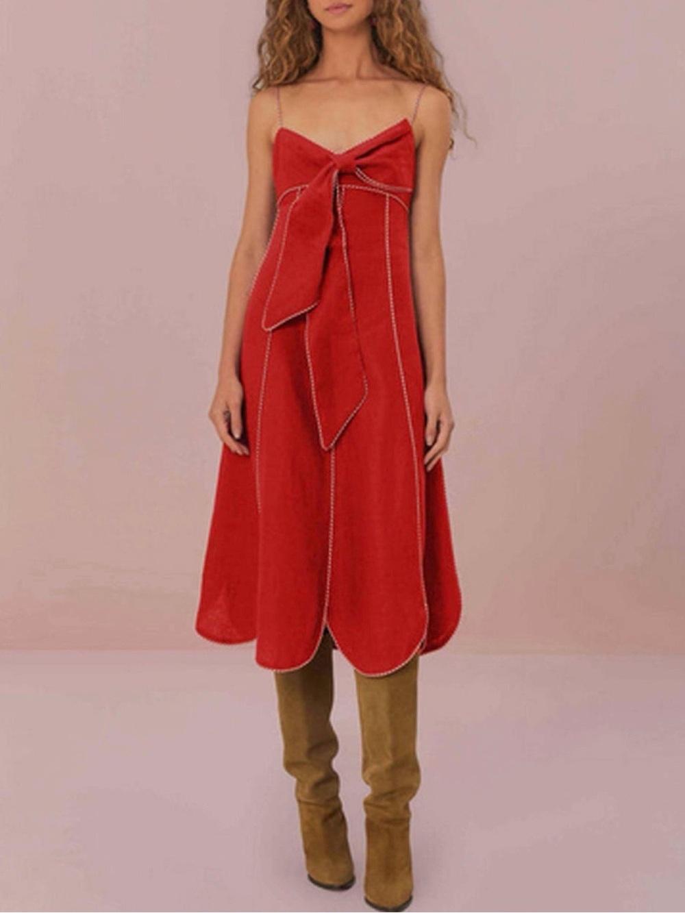 NWT FARM Rio Red Front Bow Linen Midi Dress Dark Red Size M MSRP $270